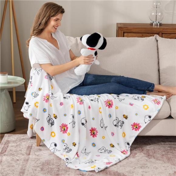 Soft Plush Blanket Peanuts Snoopy & Woodstock Floral Fun White 55 x 70 Inch - Picture 3 of 7